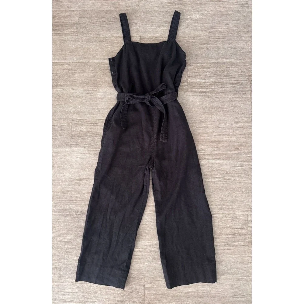 Everlane 100% European Flax Linen Black Side Button Jumpsuit Size 12 Wide Leg